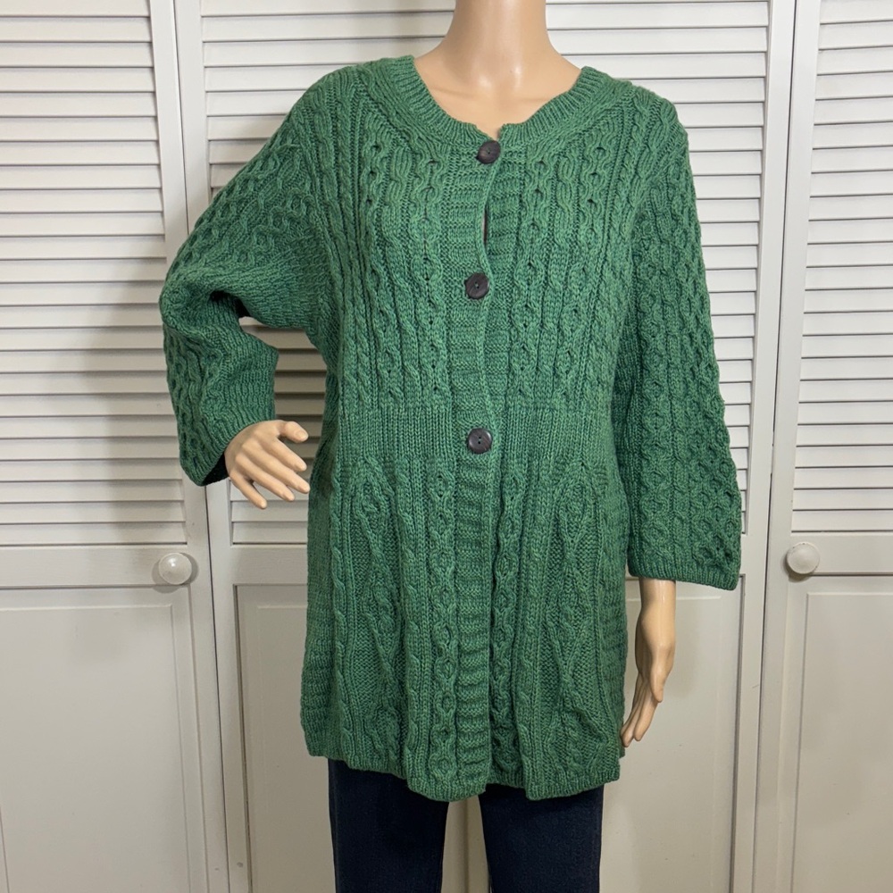 Kilronan Emerald Green Women's Cable Knit 100% Pure New Wool Cardigan XL